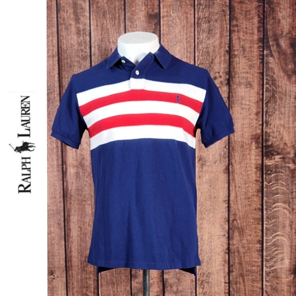 Vtg Mens Custom Fit Red And White Striped Color Block Polo Excellent Condition